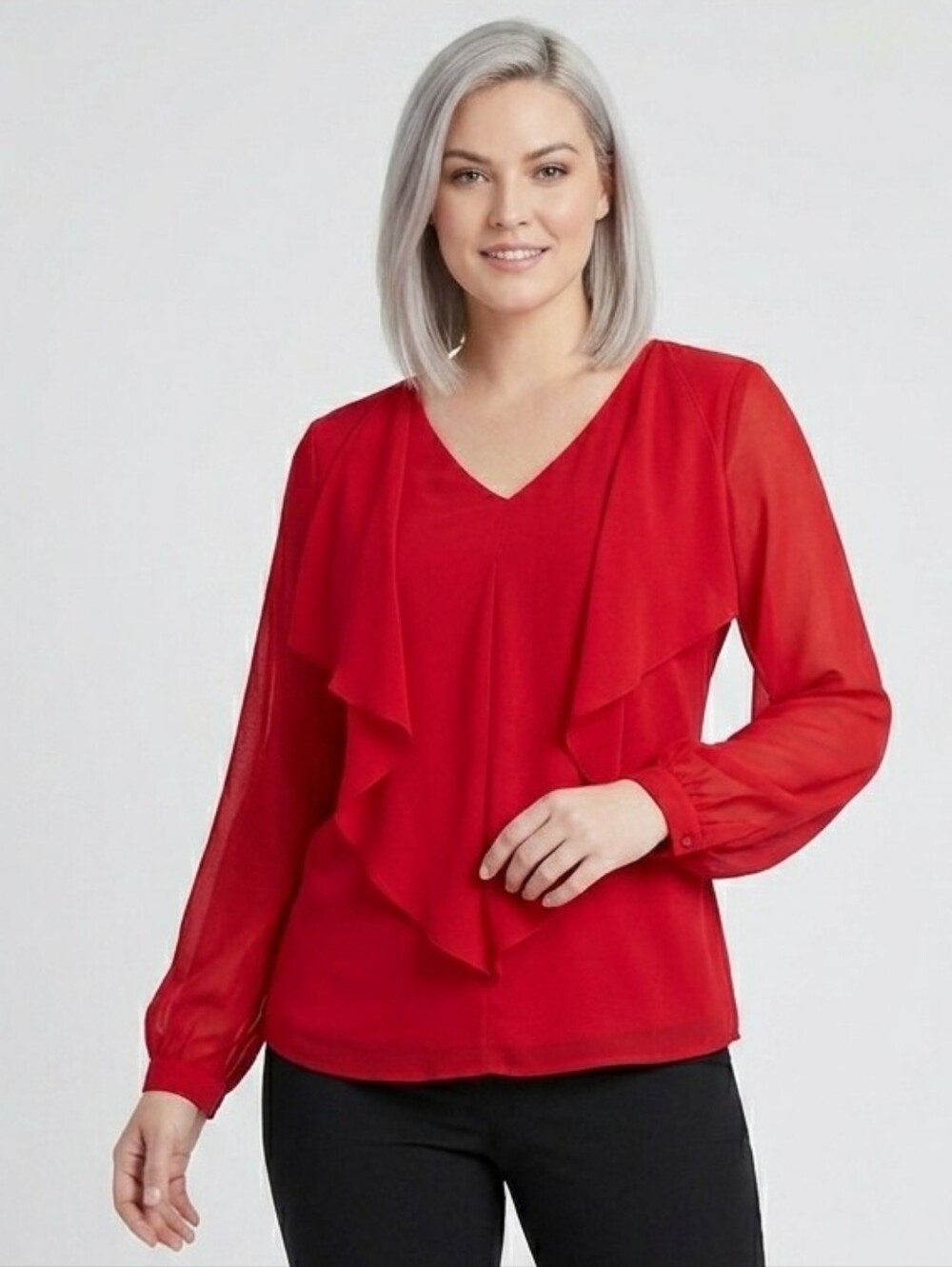 Lily Morgan Red Ruffled Long Sleeve Lined Blouse, size L